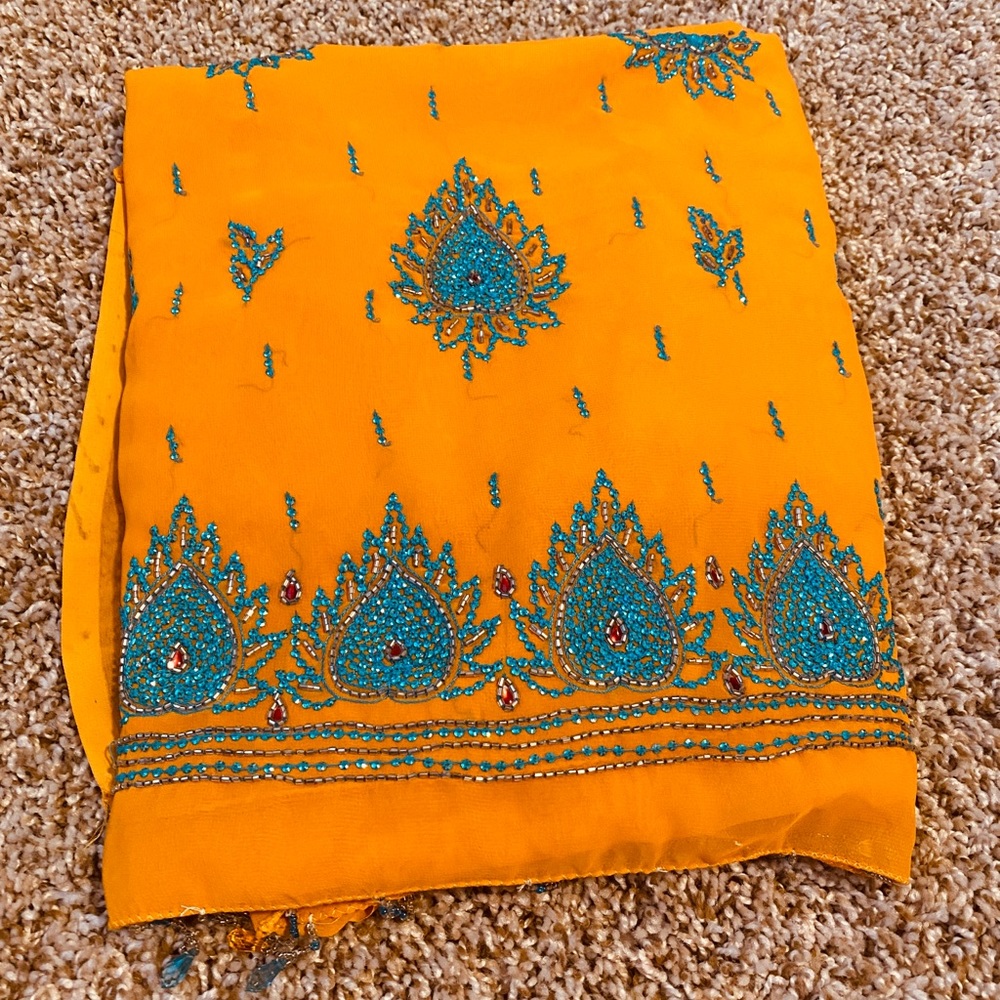 Orange & Turquoise Saree with  beading Work India Bangladesh